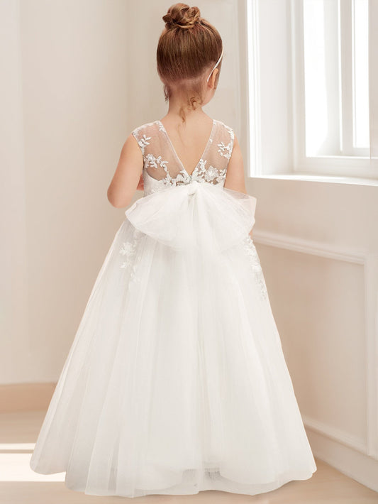 Elegant A-Line Lace Round Neck Sleeveless Bow Back Flower Girl Dresses