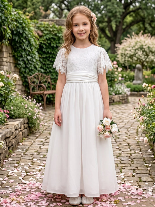 Elegant Lace Short Sleeve Round Neck Heart Back A Line Flower Girl Dress Wedding
