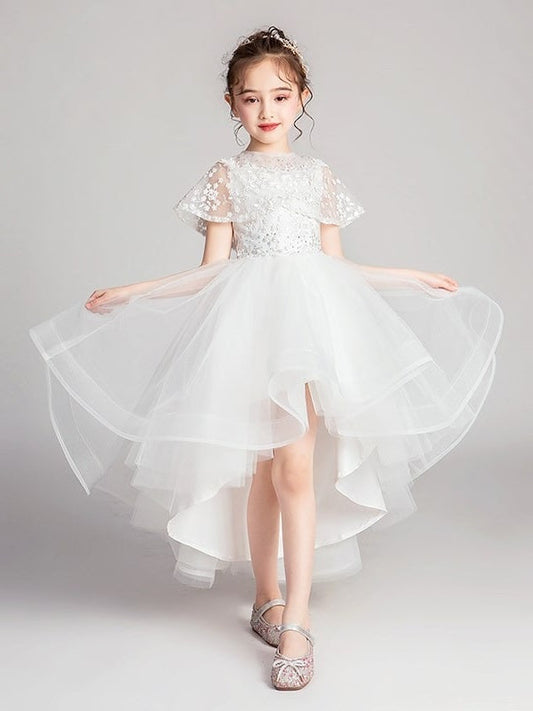 Elegant A-Line Illusion Neck Cape Sleeve Closed Back First Communion Dresses