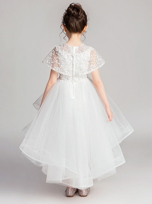 Elegant A-Line Illusion Neck Cape Sleeve Closed Back First Communion Dresses
