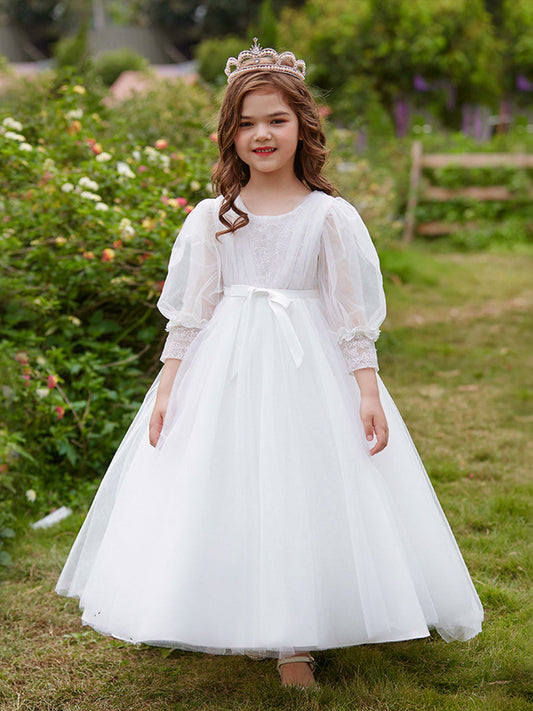 Elegant A-Line Lace Round Neck Long Sleeve First Communion Dress
