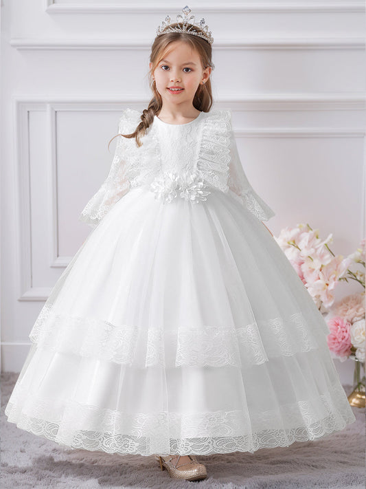 Elegant A-Line Lace Round Neck Long Sleeve First Communion Dress