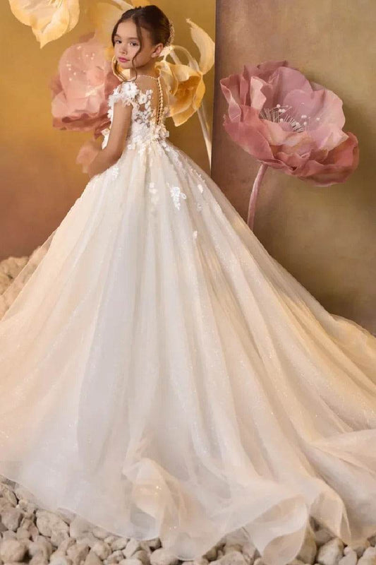 Elegant Ball Gown Off Shoulder Lace Short Sleeve Flower Girl Dress