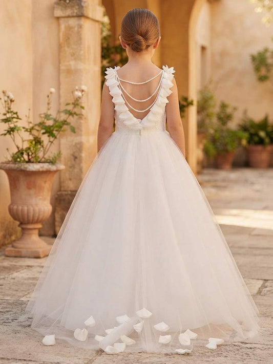 Elegant Tulle A-Line Ruffle Sleeve Pearl Back Flower Girl Dress