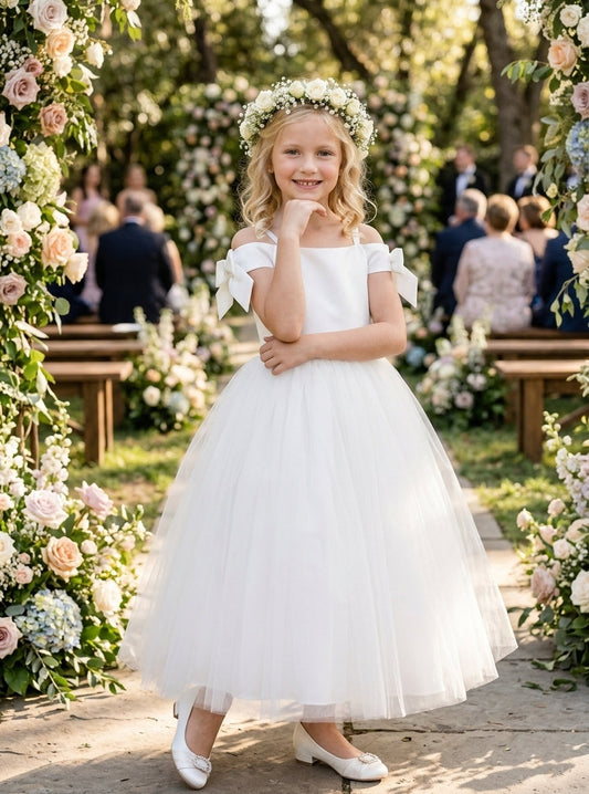 Elegant A Line Off Shoulder Bow Back Zipper Tea Length Flower Girl Dress