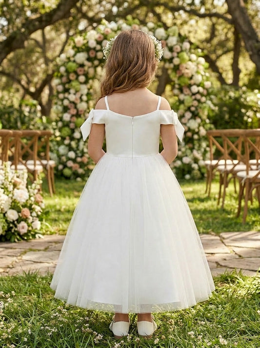 Elegant A Line Off Shoulder Bow Back Zipper Tea Length Flower Girl Dress