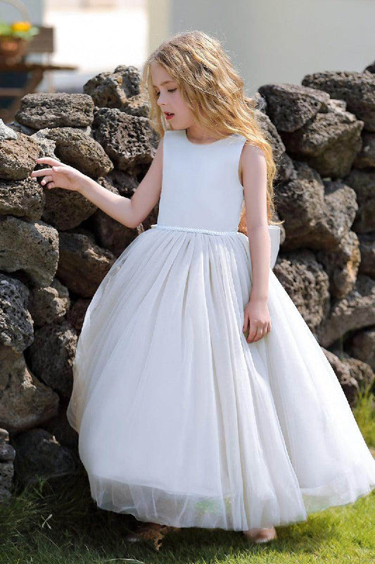 Elegant A Line Jewel Neck Sleeveless V Back Bow Flower Girl Dress