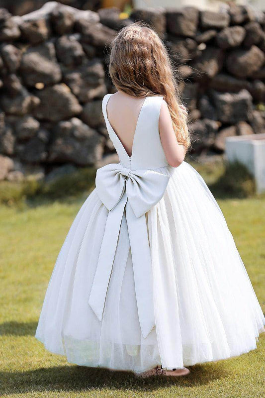 Elegant A Line Jewel Neck Sleeveless V Back Bow Flower Girl Dress