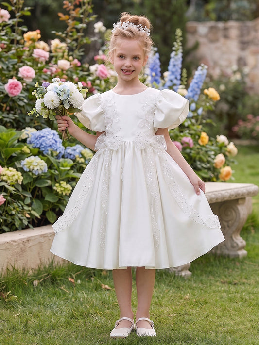 White Puff Sleeve Satin Flower Girl Dress with Sequin Bow