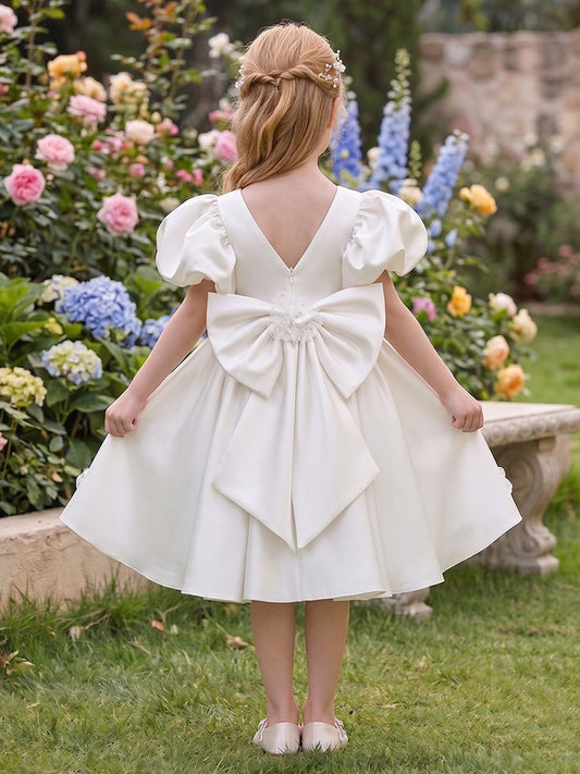 White Puff Sleeve Satin Flower Girl Dress with Sequin Bow