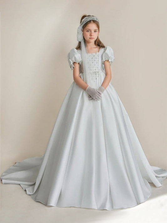 Regal Ball Gown Square Neck Puff Sleeve Lace-Up First Communion Dresses