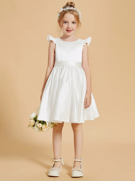 Heowos white satin flower girl dress with round neckline, ruffle sleeves, wide waistband and gathered knee-length skirt.