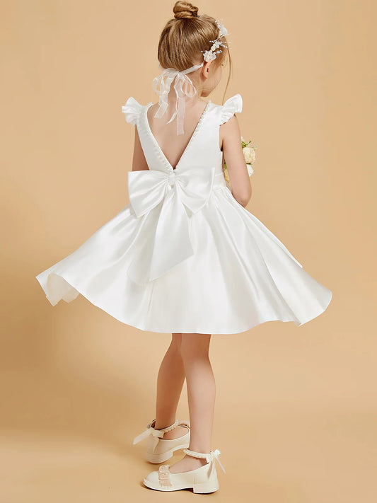 Sweet A-Line Round Neck Ruffle Sleeves V-Back Knee-Length Satin Flower Girl Dresses