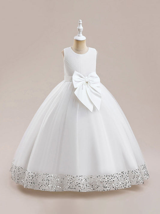 Sparkly A-Line Scoop Neck Sleeveless Bow Sequin Flower Girl Dress