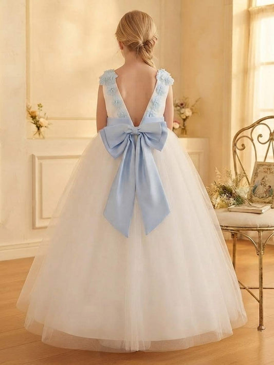 Elegant Tulle Ball Gown Round Neck V-Back Bow Flower Girl Dress