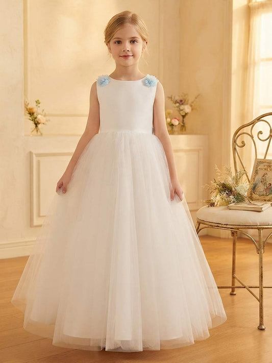 Elegant Tulle Ball Gown Round Neck V-Back Bow Flower Girl Dress