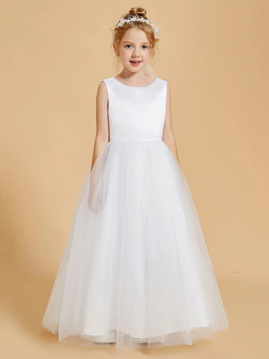 Heowos white flower girl dress with round neckline, sleeveless satin bodice and gathered floor-length tulle skirt.