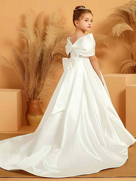 Luxury A-line Off Shoulder Short Sleeve Double Bow Back Train White Flower Girl Dress