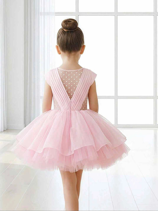 Blush A-Line V-Neck Cap Sleeve Deep V Back Short Flower Girl Dress