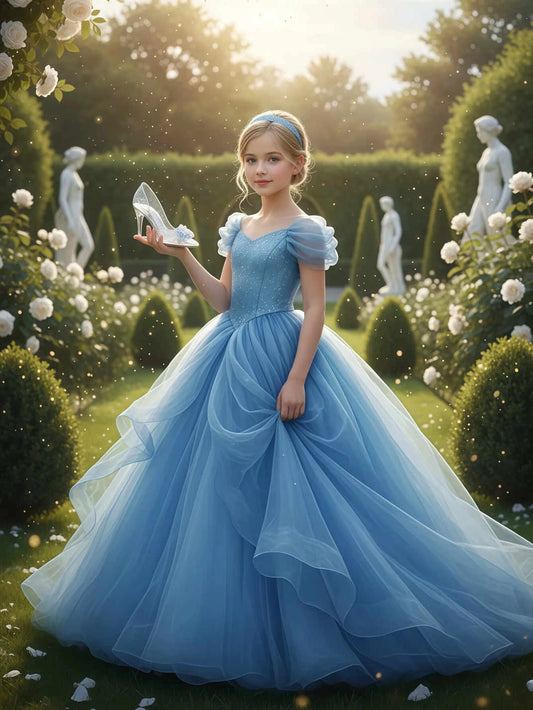 Sparkly Ball?Gown Sweetheart Puff?Sleeve V?Back Floor?Length Girl Dress For Party