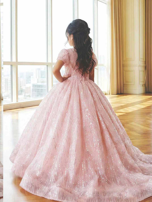 Luxury Sparkly Ball Gown Round Neck Puff Short Sleeve Zipper Back Floor Train Flower Girl Pageant Dress
