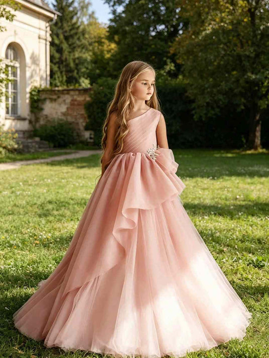 Blush A-line One Shoulder Sleeveless Open Back Floor Length Flower Girl Dress >