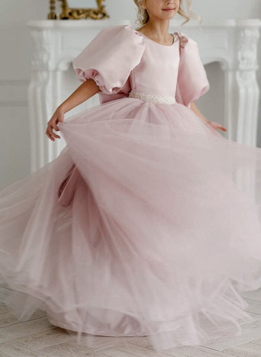 Romantic A?Line Round Neck Puff Sleeve V?Back Floor?Length Flower Girl dress