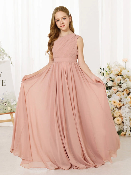 Elegant A?Line One?Shoulder Sleeveless Asymmetric Back Floor?Length Junior Bridesmaid Dress