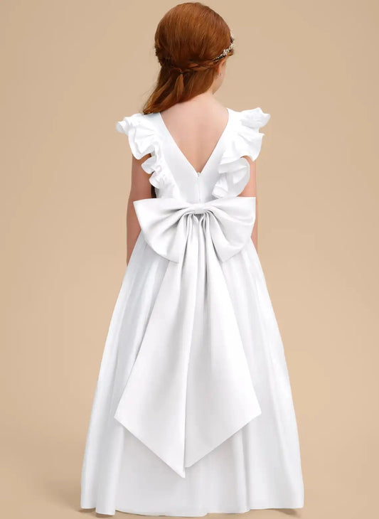 White A Line Round Neck Flutter Sleeve V Back Floor Length First Communion Dress