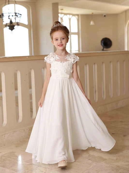 Elegant A?Line Illusion Neck Cap Sleeve V?Back Floor?Length First Communion Dress