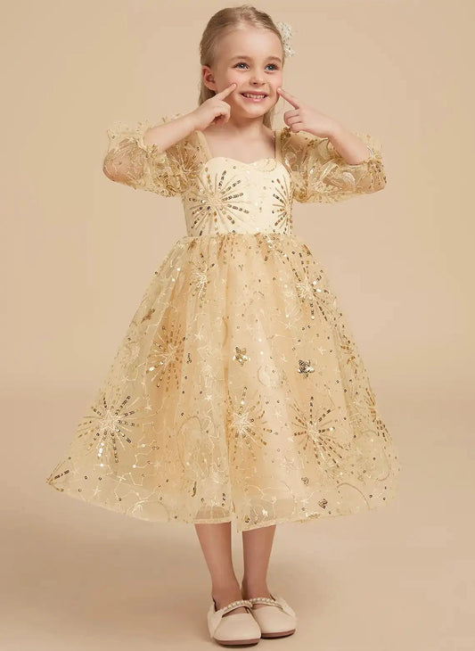 Sparkling A Line Square Neck Puff Sleeve Lace Up Tea Length Flower Girl Dress