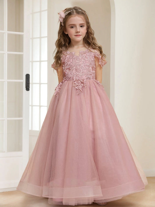 Romantic A Line Illusion Neck Off Shoulder Zip Back Floor Length Flower Girl Dress