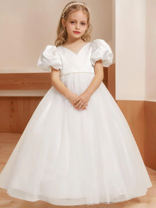 Elegant Ball Gown V Neck Puff Sleeve Bow Back Communion Dress
