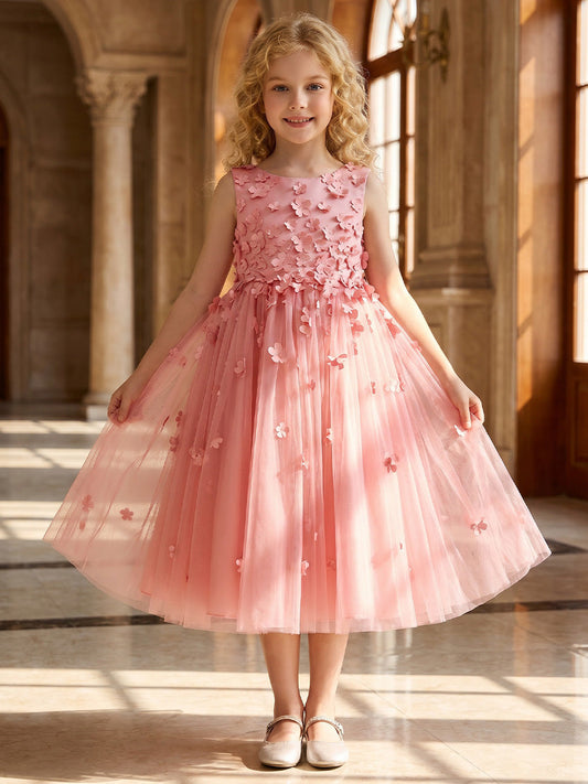 Sweet A?Line Round?Neck Sleeveless Zipper?Back Midi?Length Flower Girl dress