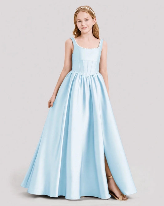Elegant A Line Square Neck Sleeveless Low Back Floor Length Junior Bridesmaid Dress
