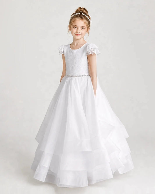 Elegant A Line Round Neck Flutter Sleeve V Back Floor Length Communion Dress