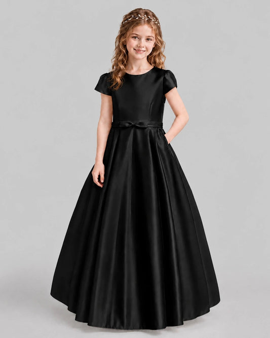 Elegant Ball Gown Round Neck Cap Sleeve Zipper Back Floor Junior Bridesmaid Dresses