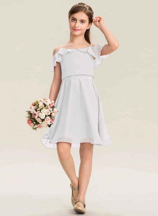 Elegant A Line Spaghetti Strap Cold Shoulder Tie Back Knee Length Junior Bridesmaid Dress
