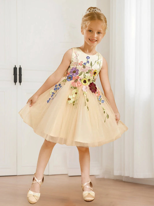 Elegant A Line Round Neck Sleeveless Bow Back Knee Length Flower Girl Dress