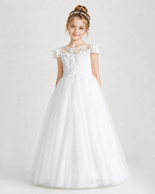 Elegant A Line Round Neck Cap Sleeve Bow Back Floor Length Communion Dress