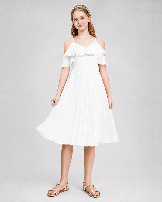 Elegant A Line V Neck Cold Shoulder V Back Midi Bridesmaid Dress