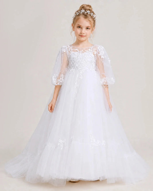 Elegant A Line Round Neck Puff Sleeve Button Back Floor Length Communion Dress