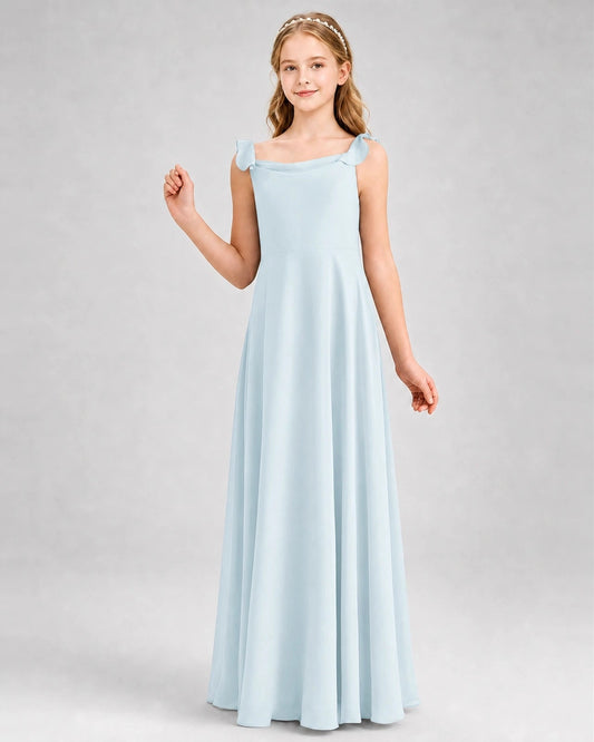 Elegant A Line Square Neck Ruffle Strap Low Back Floor Length Bridesmaid Dress