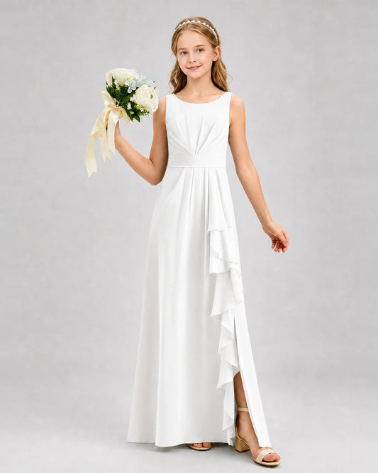 Elegant A-Line Scoop Neck Sleeveless V-Back Floor-Length Junior Bridesmaid Dress