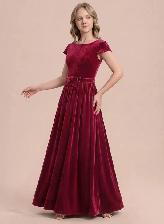 Elegant A Line Round Neck Short Sleeve V Back Maxi Girls Dress