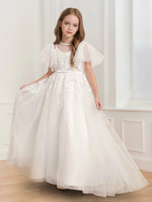 Elegant A Line Illusion Neck Flutter Sleeve Back Floor Length Communion Dress