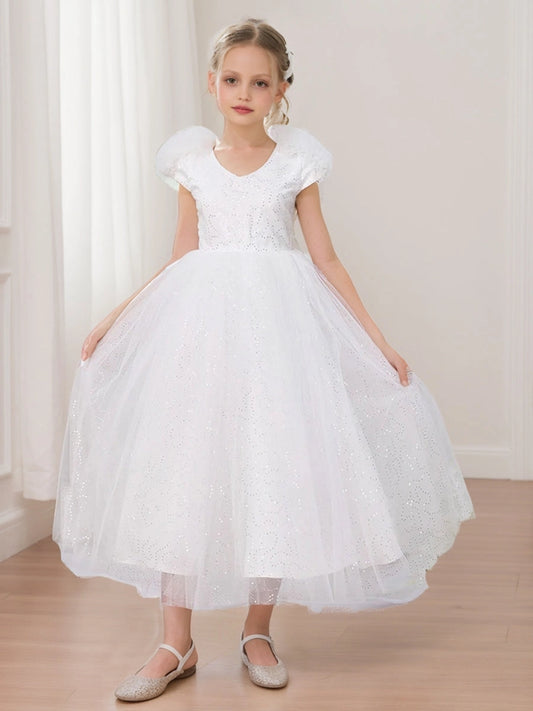 Elegant Ball Gown V Neck Puff Sleeve Bow Back Ankle Length Communion Dress