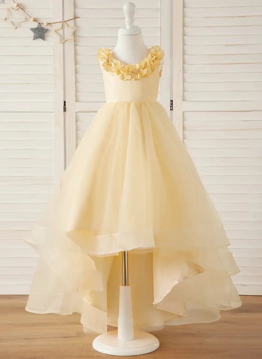 Elegant A Line Round Neck Sleeveless Open Back High Low Flower Girl Dress