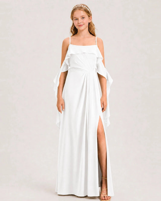 Elegant A Line Square Neck Ruffle Sleeve Zip Back Floor Length Bridesmaid Dress