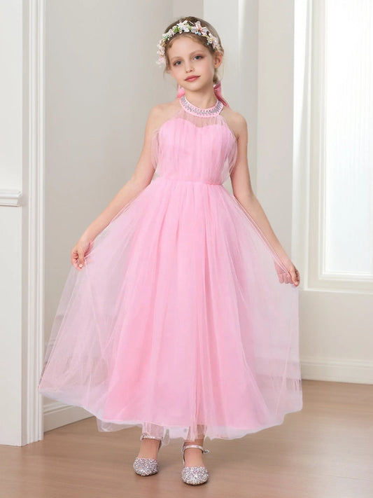Elegant A Line Beaded Halter Sleeveless Bow Back Long Flower Girl Dress